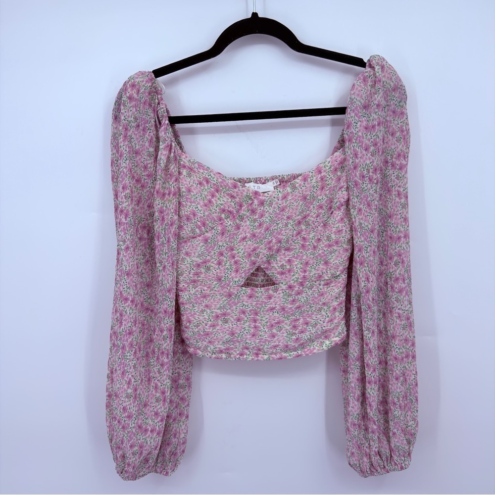 ASTR The Label Pink Floral Smocked Crop Top Puff Sleeve XS